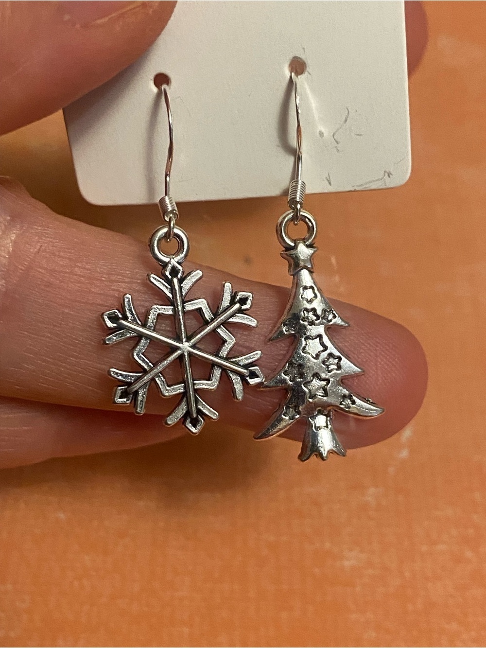 Silver Holiday Snowflake and Christmas Tree Dangle Earrings